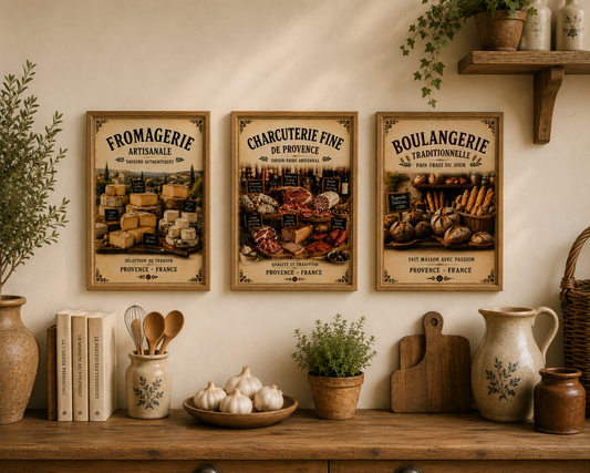 Set of 3 Provence Market Prints | Charcuterie, Fromagerie, Boulangerie | Wooden Framed A4 size