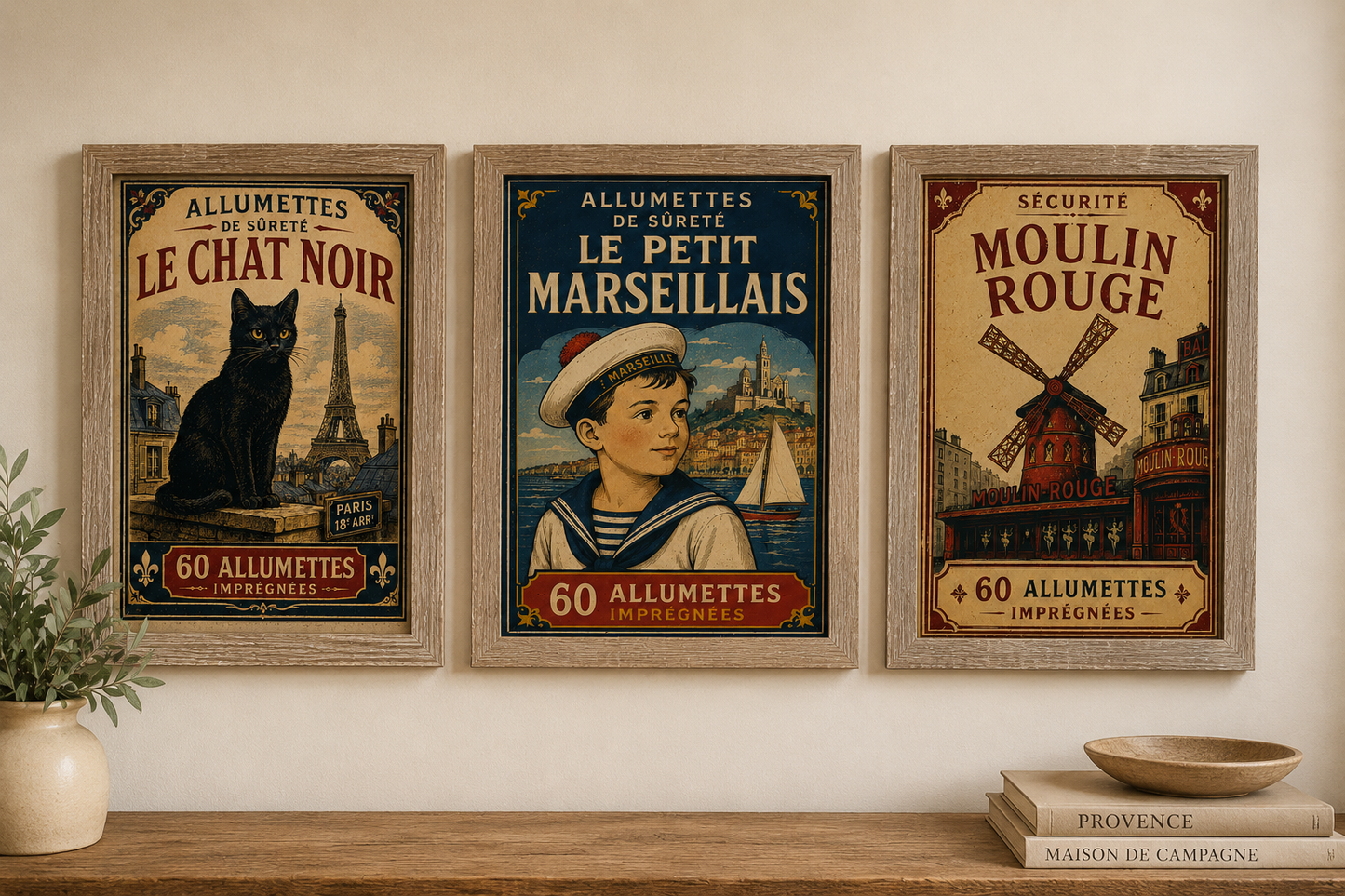 Set of 3 Vintage inspired French Matchbox Art Prints - A4 in wooden frames