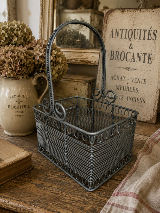 French Style Decorative Wire Basket with Handle | Vintage Country Cottage Storage Basket