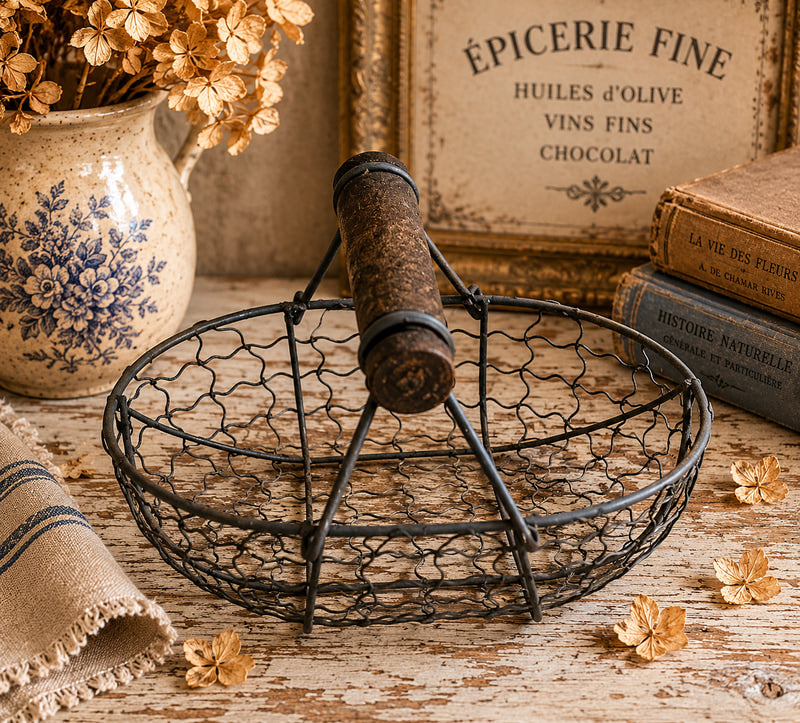 Vintage French Small Metal Egg Basket