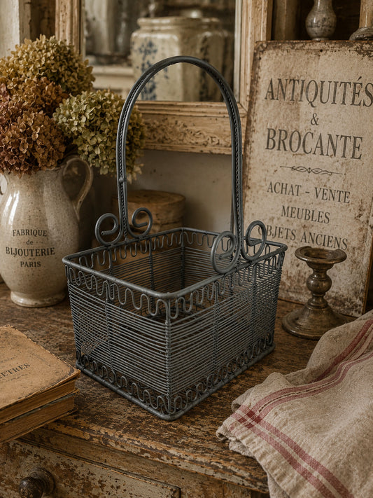 French Style Decorative Wire Basket with Handle | Vintage Country Cottage Storage Basket