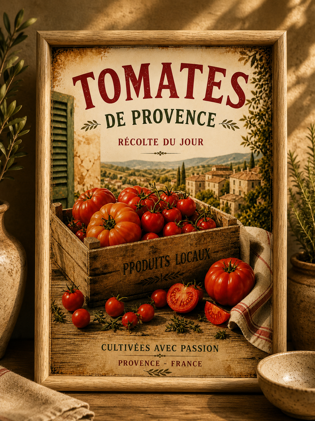 French Market Framed Print of Provence Tomatoes – A4 in Wooden Frame - The Little Brocante Shop