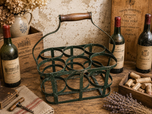 Vintage French Metal Wine Bottle Carrier | Six Bottle Wine Carrier | Rustic Vineyard Basket | French Country Wine Rack