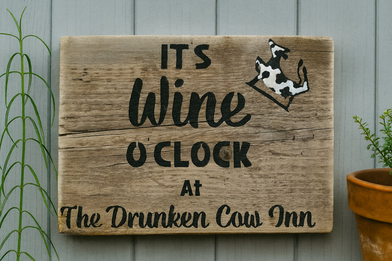 Handmade 'It's Wine O'Clock at The Drunken Cow' Wooden Sign