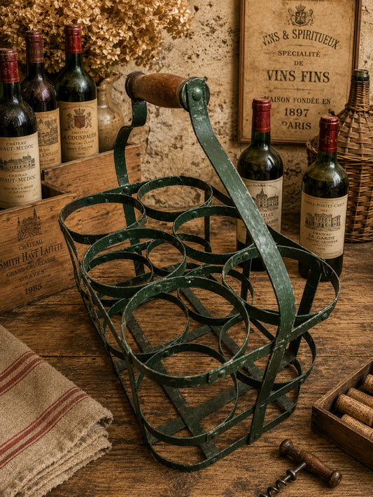 Vintage French Metal Wine Bottle Carrier | Six Bottle Wine Carrier | Rustic Vineyard Basket | French Country Wine Rack