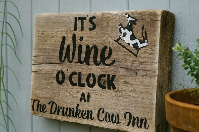 Handmade 'It's Wine O'Clock at The Drunken Cow' Wooden Sign