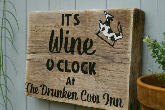 Handmade 'It's Wine O'Clock at The Drunken Cow' Wooden Sign