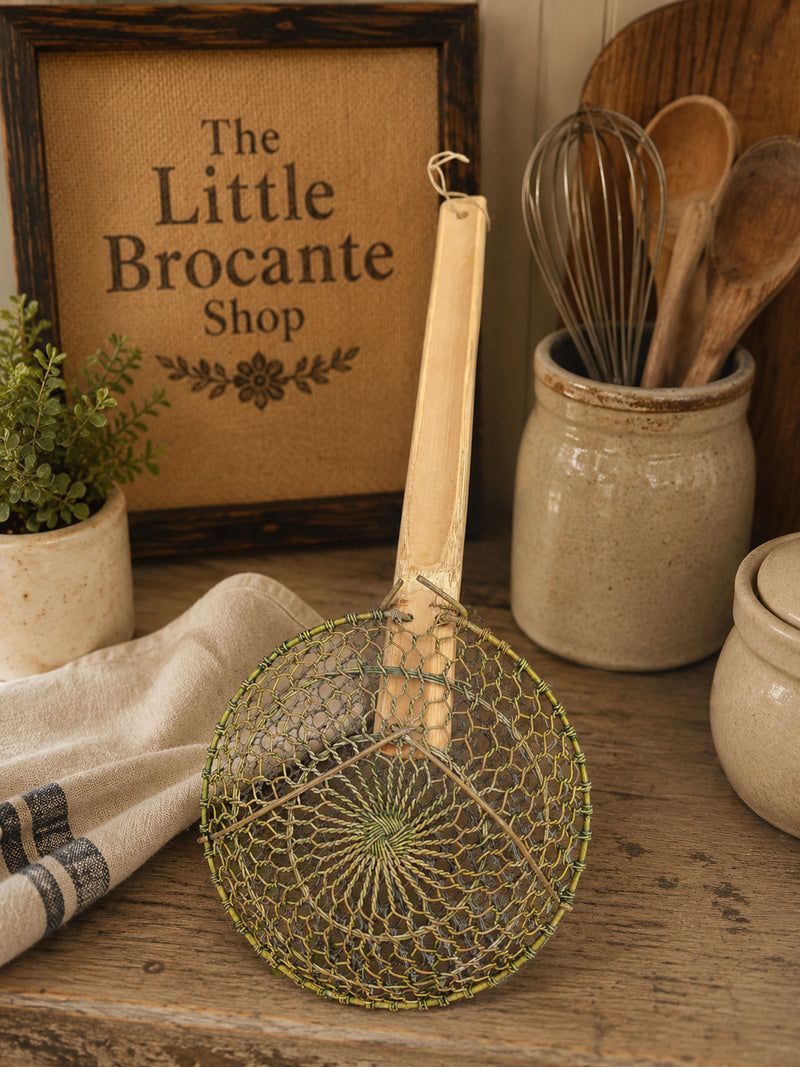 Vintage Bamboo Handled Wire Skimmer | Rustic Kitchen Utensil | Wok Spider Strainer