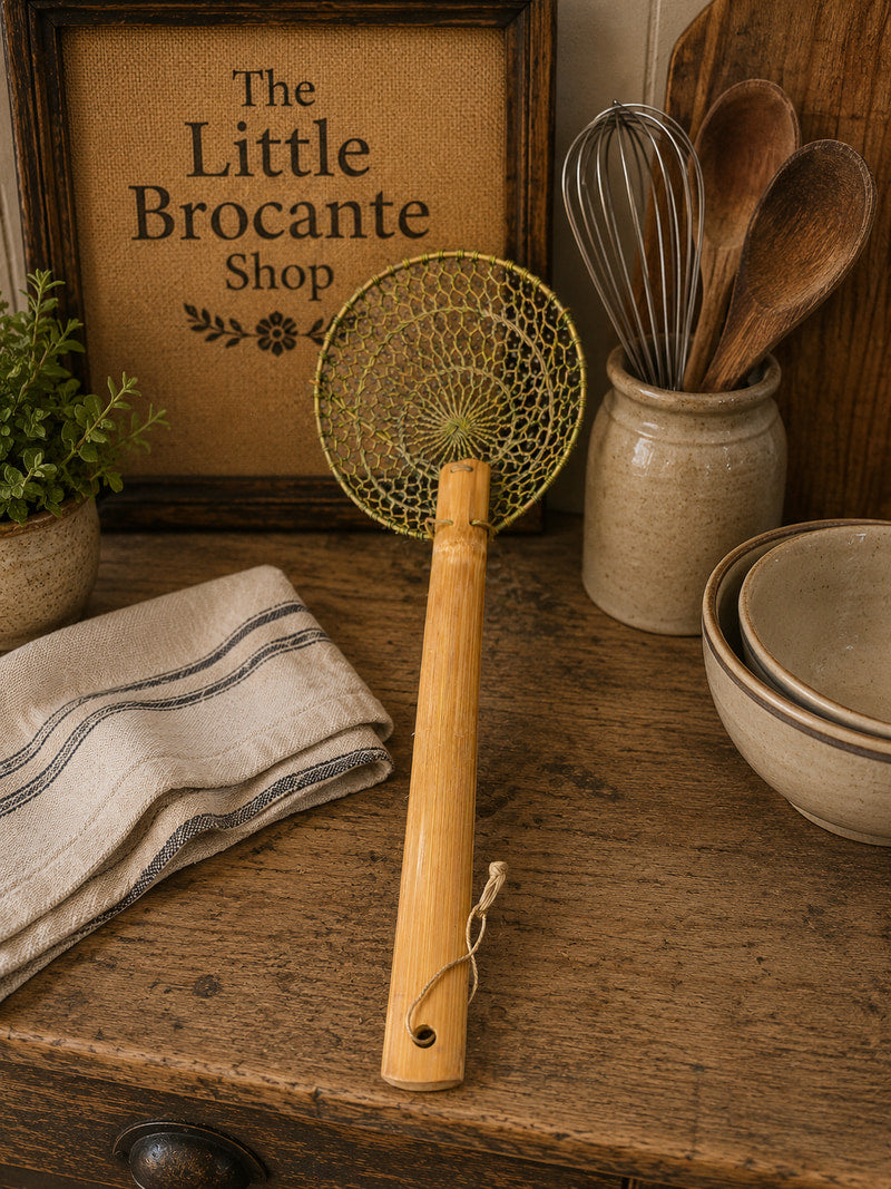 Vintage Bamboo Handled Wire Skimmer | Rustic Kitchen Utensil | Wok Spider Strainer