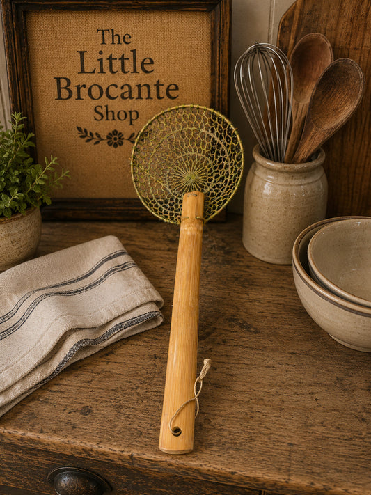 Vintage Bamboo Handled Wire Skimmer | Rustic Kitchen Utensil | Wok Spider Strainer