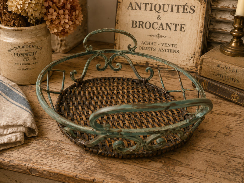 Vintage Metal & Wicker Tray / Basket - The Little Brocante Shop