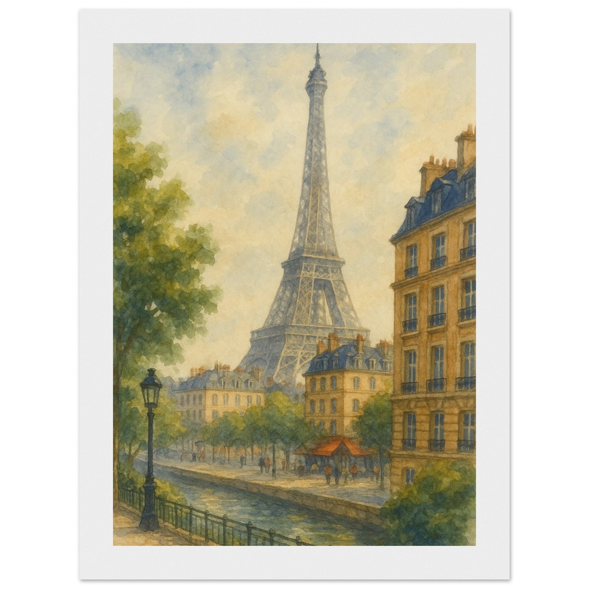 Watercolour print of Parisian Canal and Eiffel Tower with wooden frame, matte finish, ready to hang