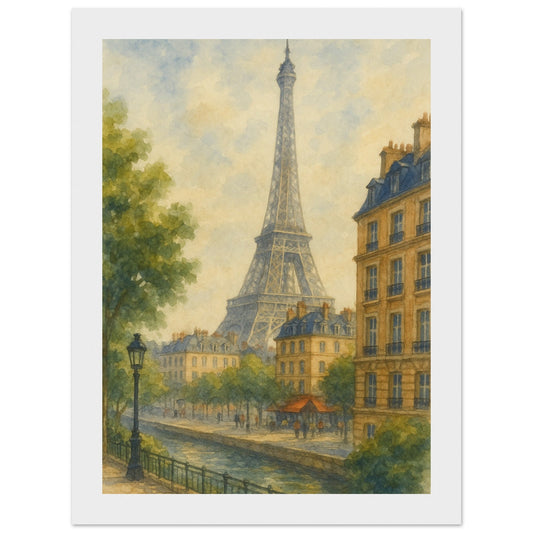 Watercolour print of Parisian Canal and Eiffel Tower with wooden frame, matte finish, ready to hang