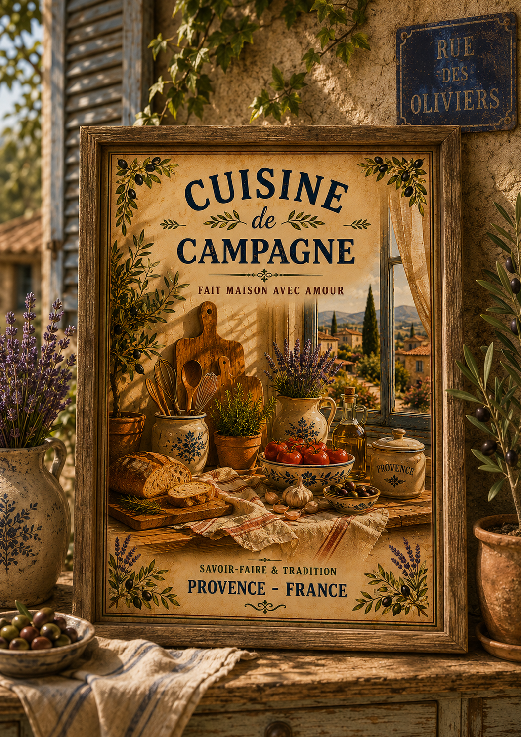 Framed Vintage French Provence Kitchen Wall Art Print on rustic table outdoors
