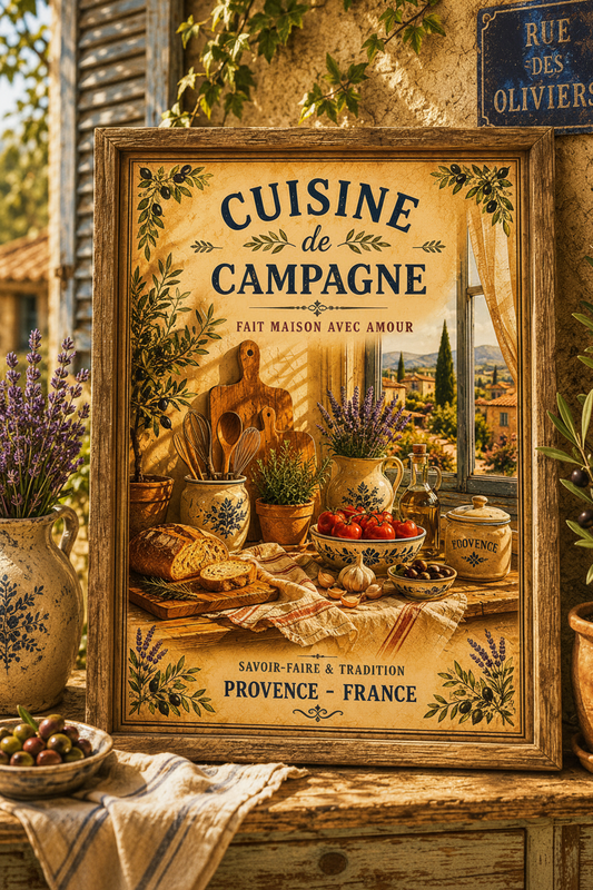 Framed Vintage French Provence Kitchen Wall Art Print on rustic table outdoors