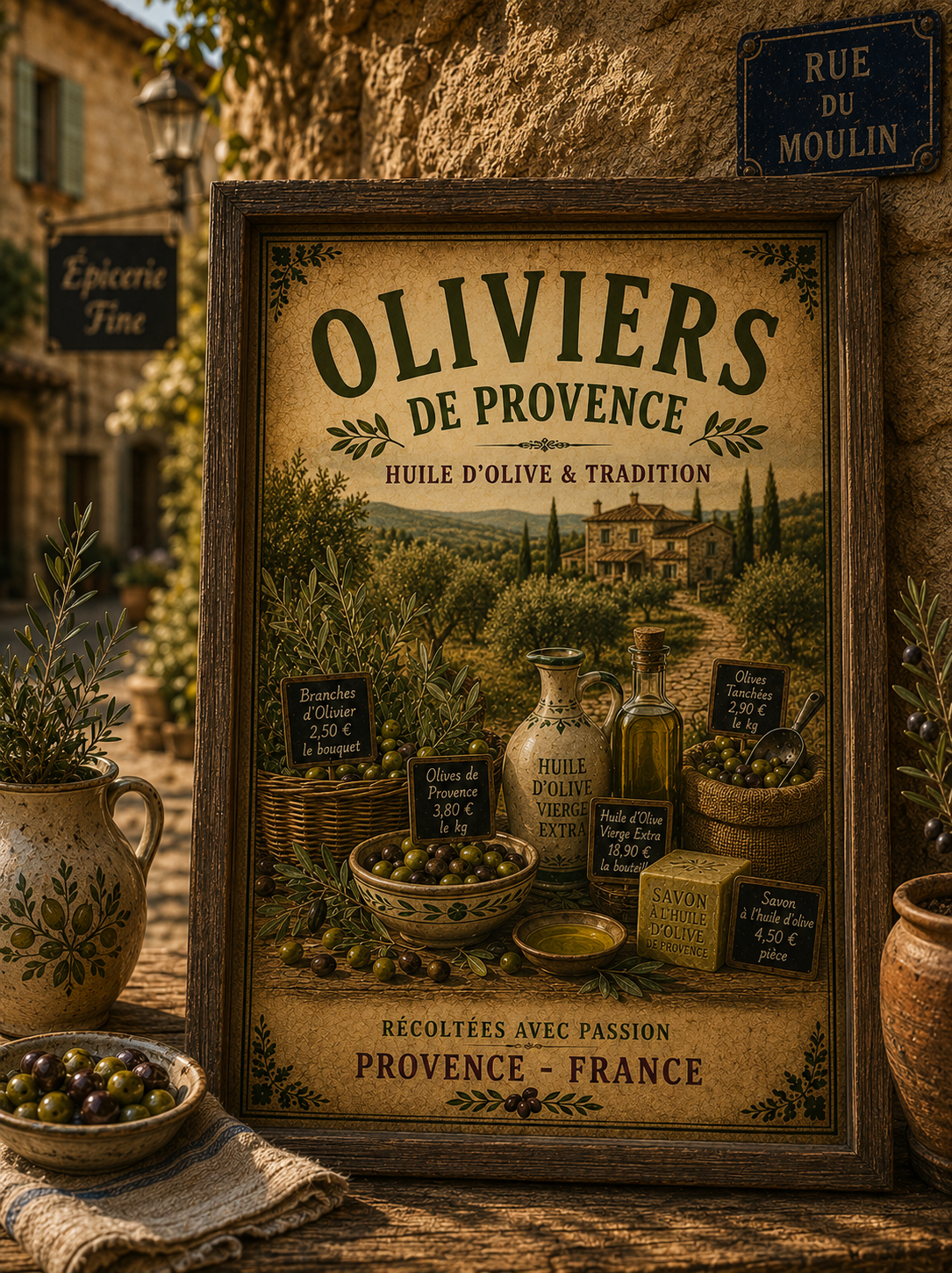 Framed vintage Provence olive market poster styled with rustic French decor outdoors