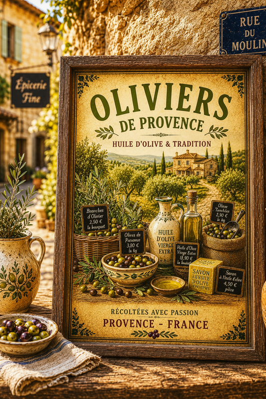 Framed vintage Provence olive market poster styled with rustic French decor outdoors