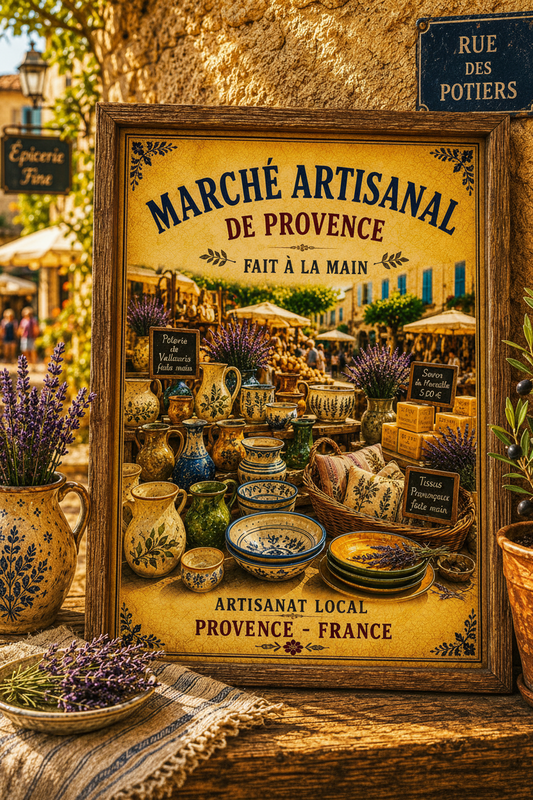 Framed vintage-style Provence French Market poster with painted pottery and lavender on rustic table