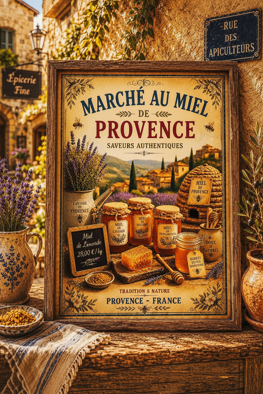 Framed vintage Provence Print featuring French honey market scene with rustic decor