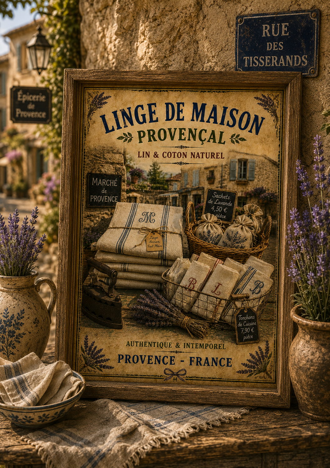 Framed vintage French Provence market poster styled with linens and lavender, outdoors in a rustic setting.