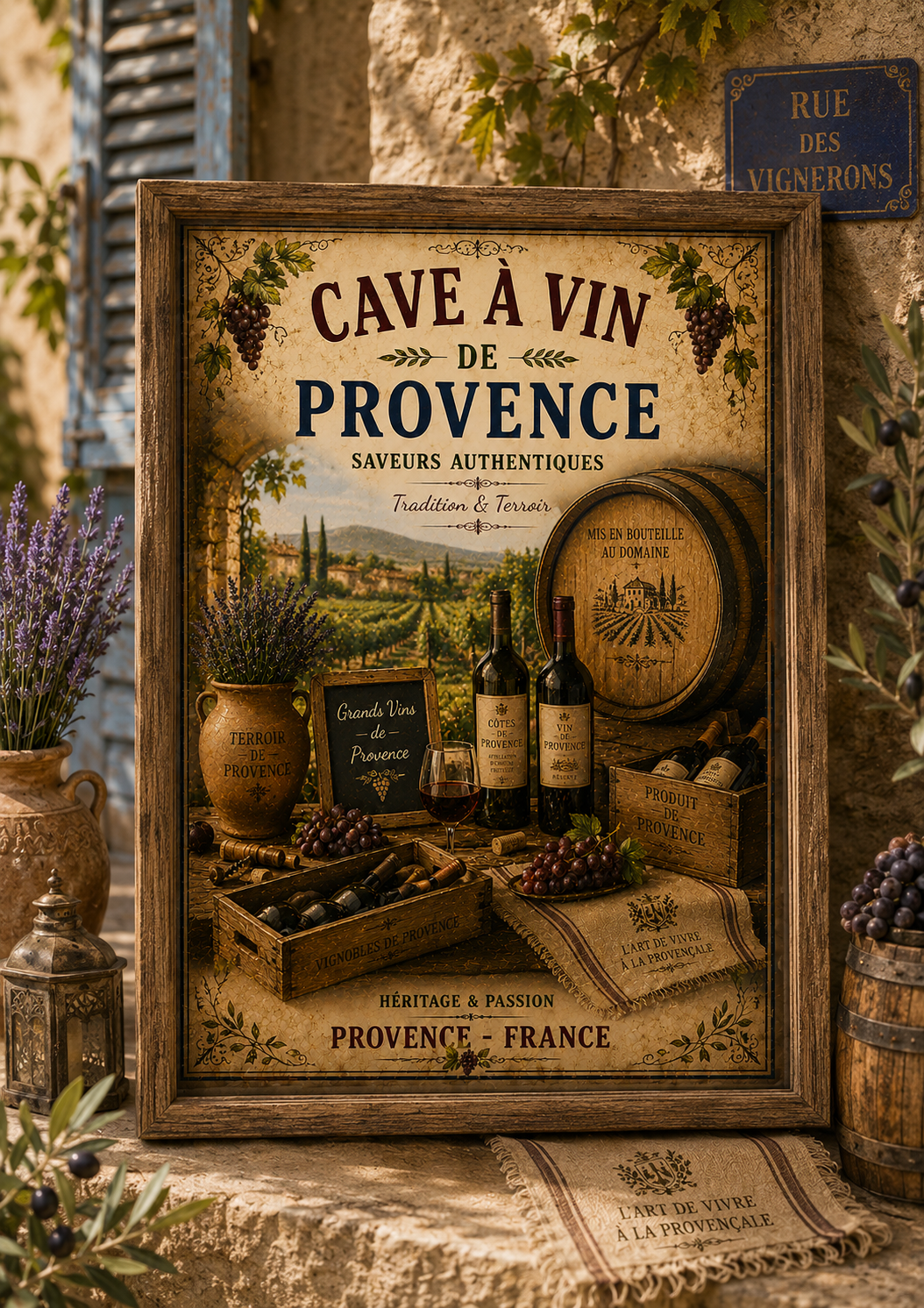 Framed Provence wine cellar vintage French poster styled outdoors with French decor