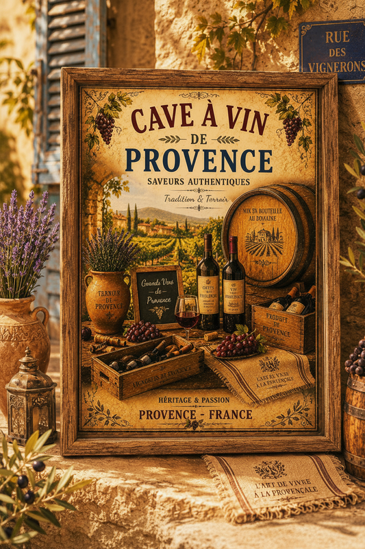 Framed Provence wine cellar vintage French poster styled outdoors with French decor
