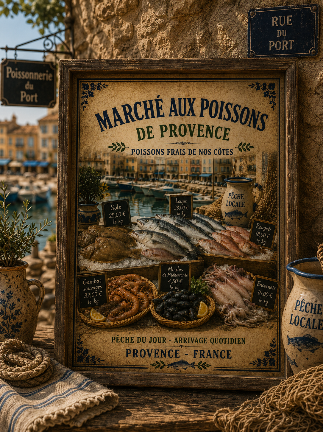 Framed vintage French Provence Print of a fish market scene with rustic decor