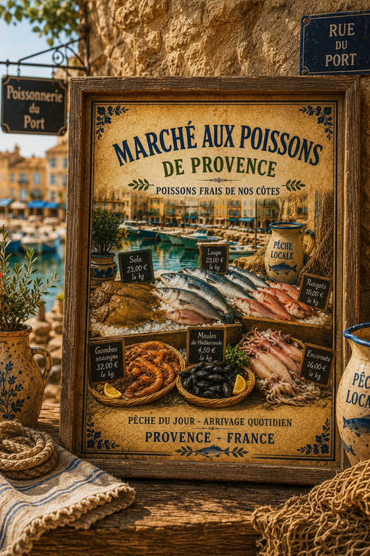 Framed vintage French Provence Print of a fish market scene with rustic decor