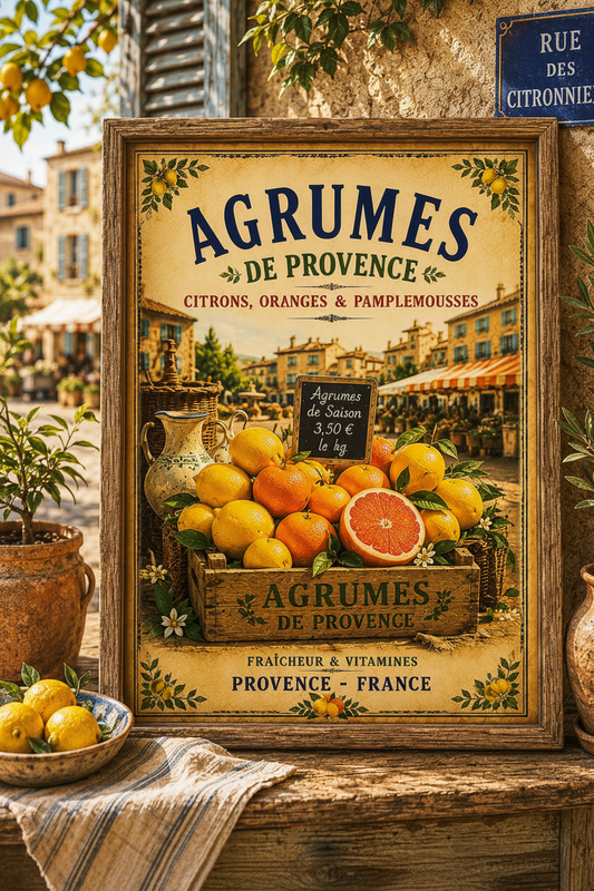 Framed Provence Print showing vintage citrus French market scene on rustic table