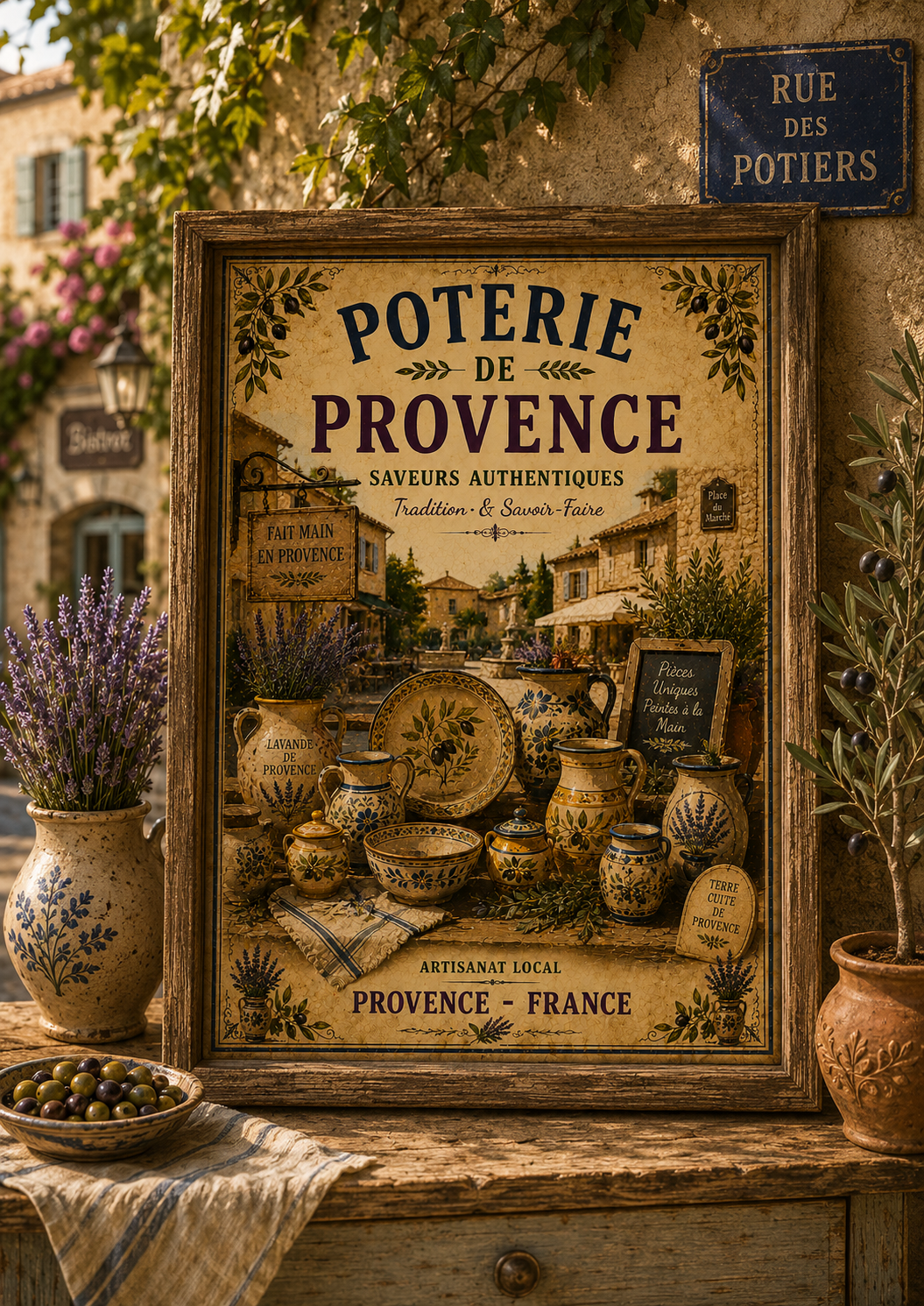 Framed Provence Print poster styled with French pottery and rustic decor