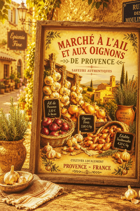Framed Provence vintage French market poster print with garlic, onions, and herbs in a rustic outdoor setting