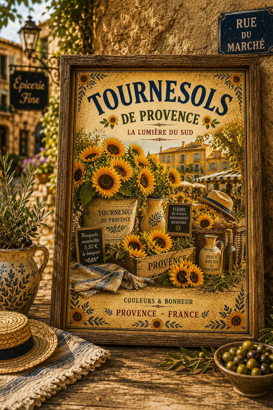 Framed vintage French Provence sunflower market poster styled outdoors with rustic decor