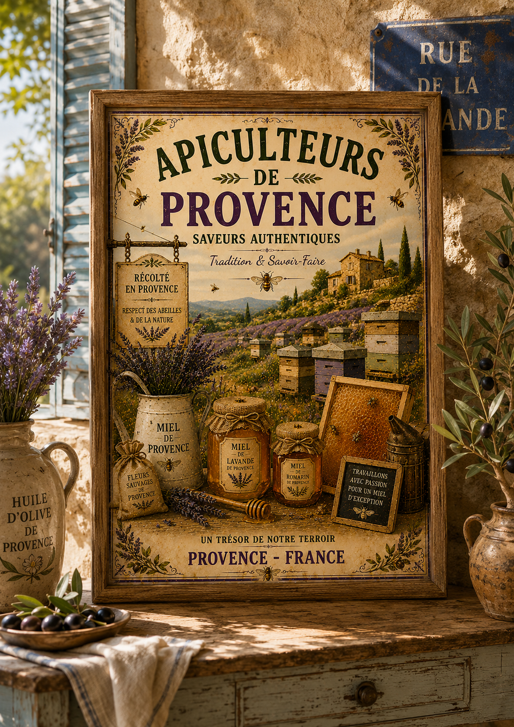 A3 Provence French Market poster print styled in rustic French kitchen setting