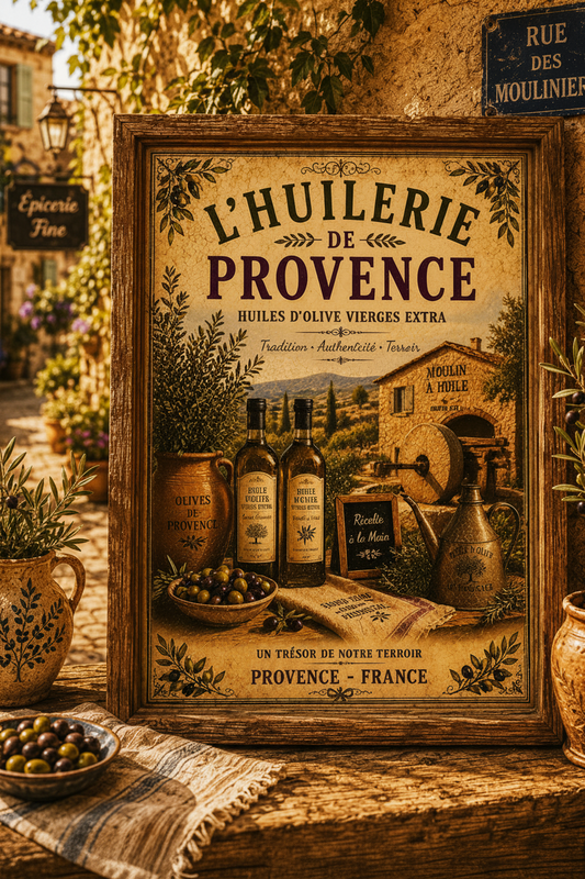 Framed vintage Provence wall art print in French country kitchen setting with olive oil and rustic decor