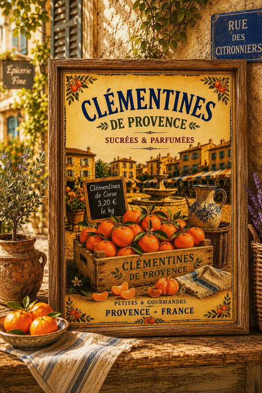Framed vintage-style Clementines de Provence French market poster displayed outdoors with clementines and rustic decor