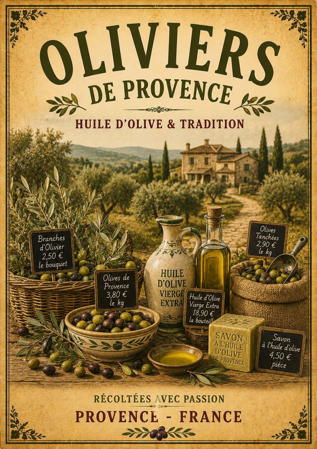Close-up of Provence vintage wall art poster showing olive oil, olives, and French text