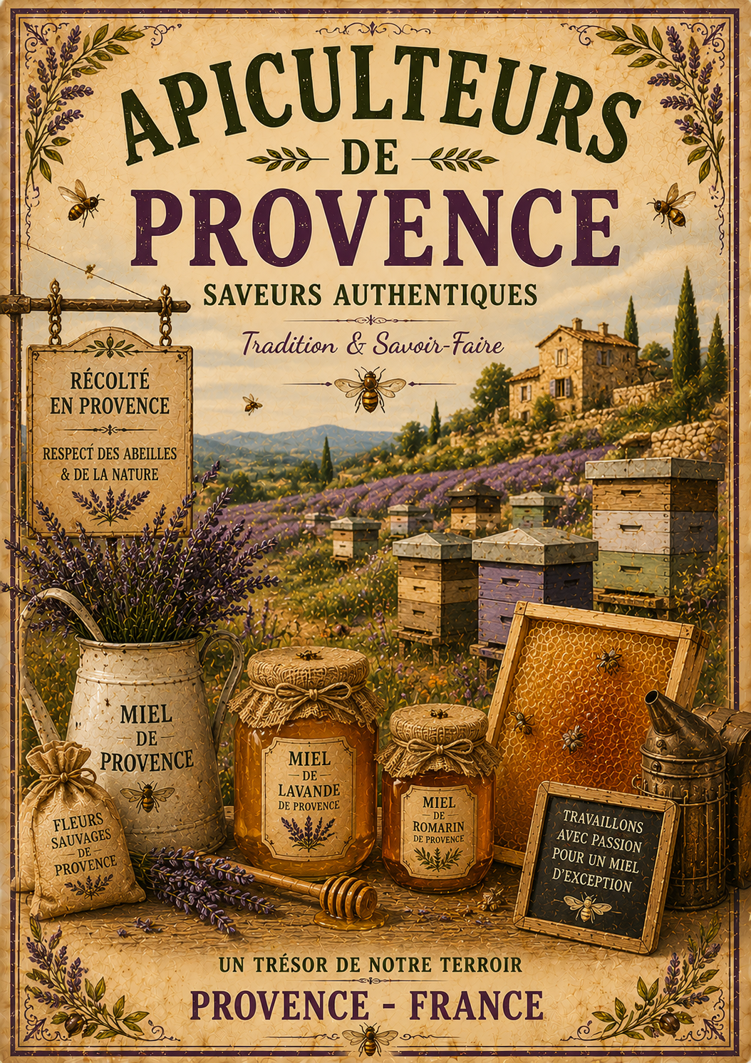 Close-up of Provence Wall Art with vintage French honey and lavender illustration