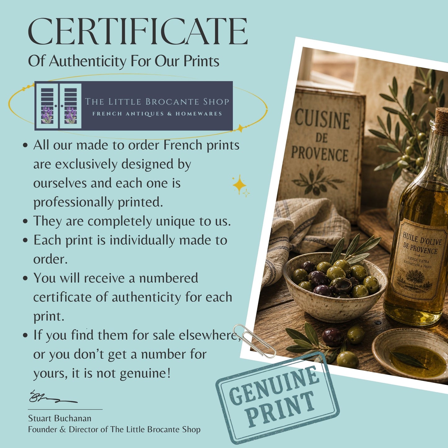 Certificate of Authenticity for French Vintage Print by The Little Brocante Shop