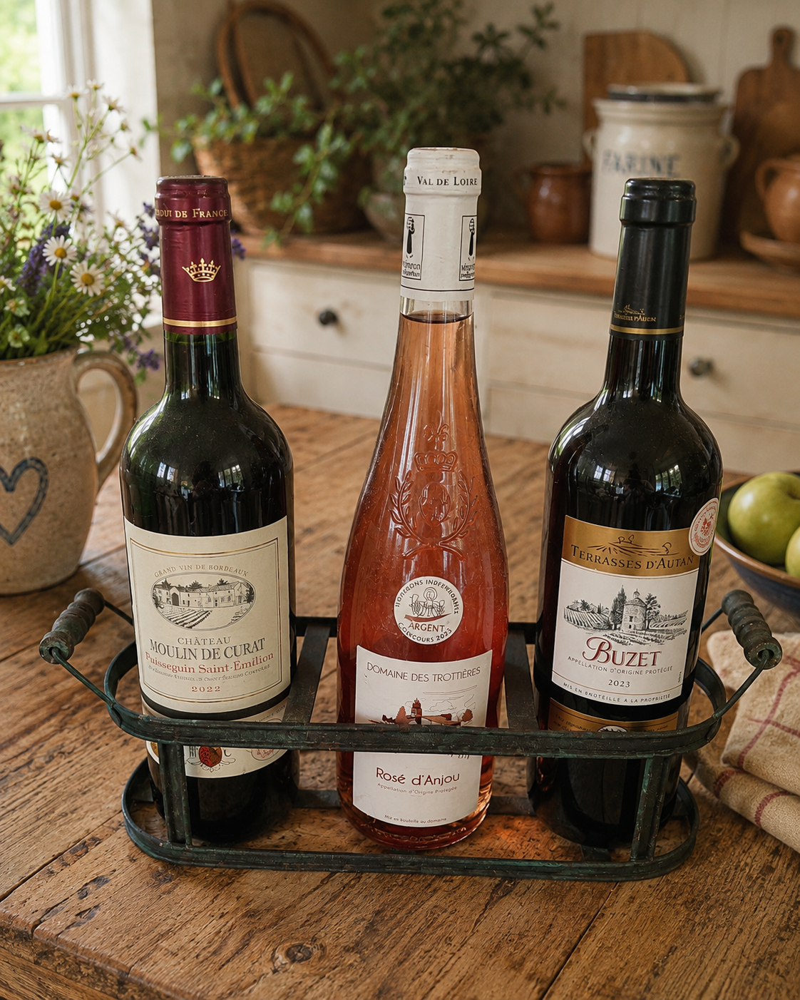 French Country Style Metal Wine Bottle Carrier with Wooden Handles