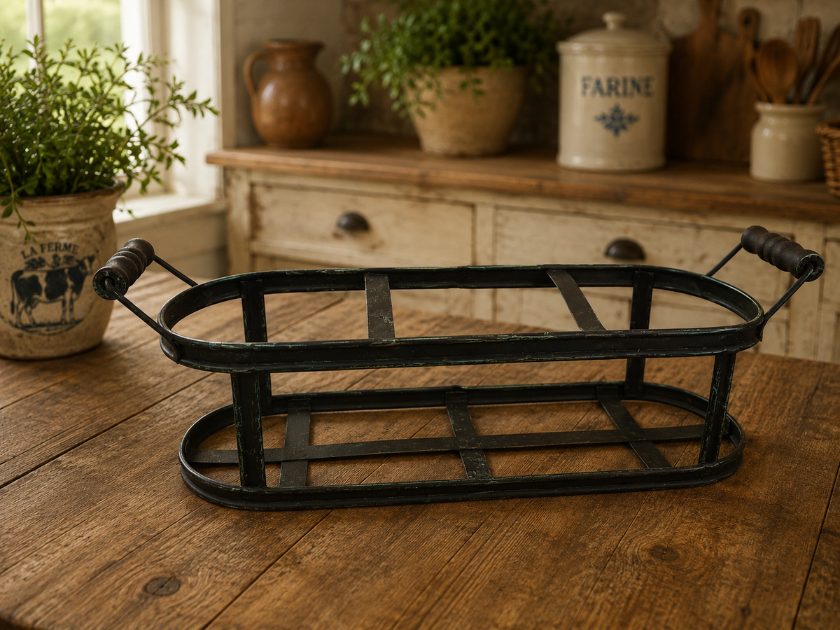French Country Style Metal Wine Bottle Carrier with Wooden Handles