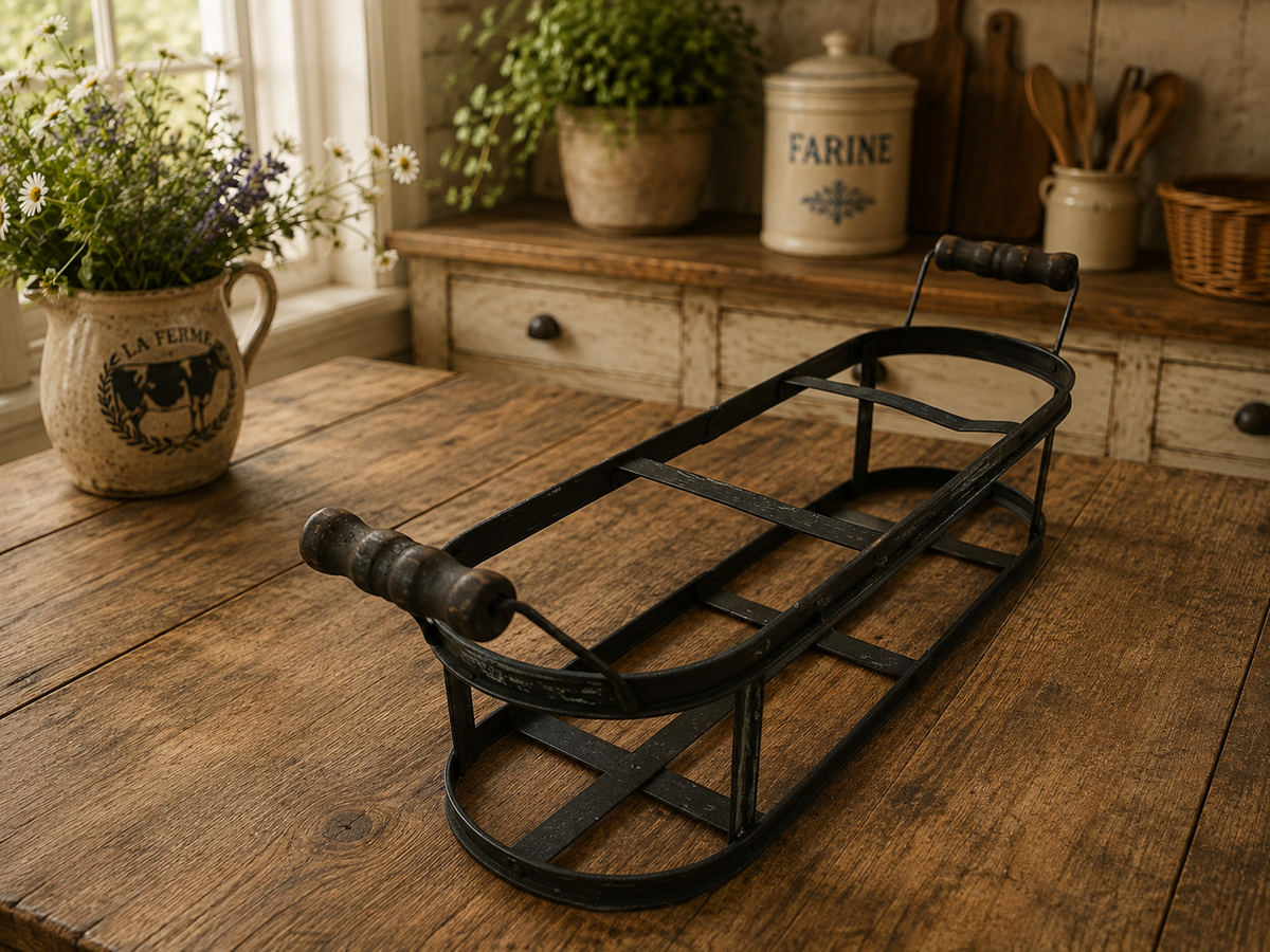 French Country Style Metal Wine Bottle Carrier with Wooden Handles