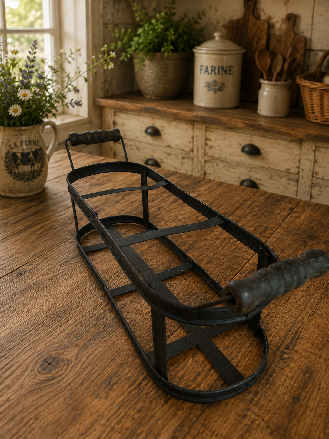 French Country Style Metal Wine Bottle Carrier with Wooden Handles