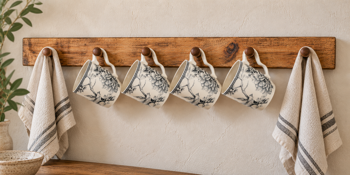 Handmade Rustic Wooden Mug Rack – 4 or 6 Peg Wall Mounted Cup & Towel Holder