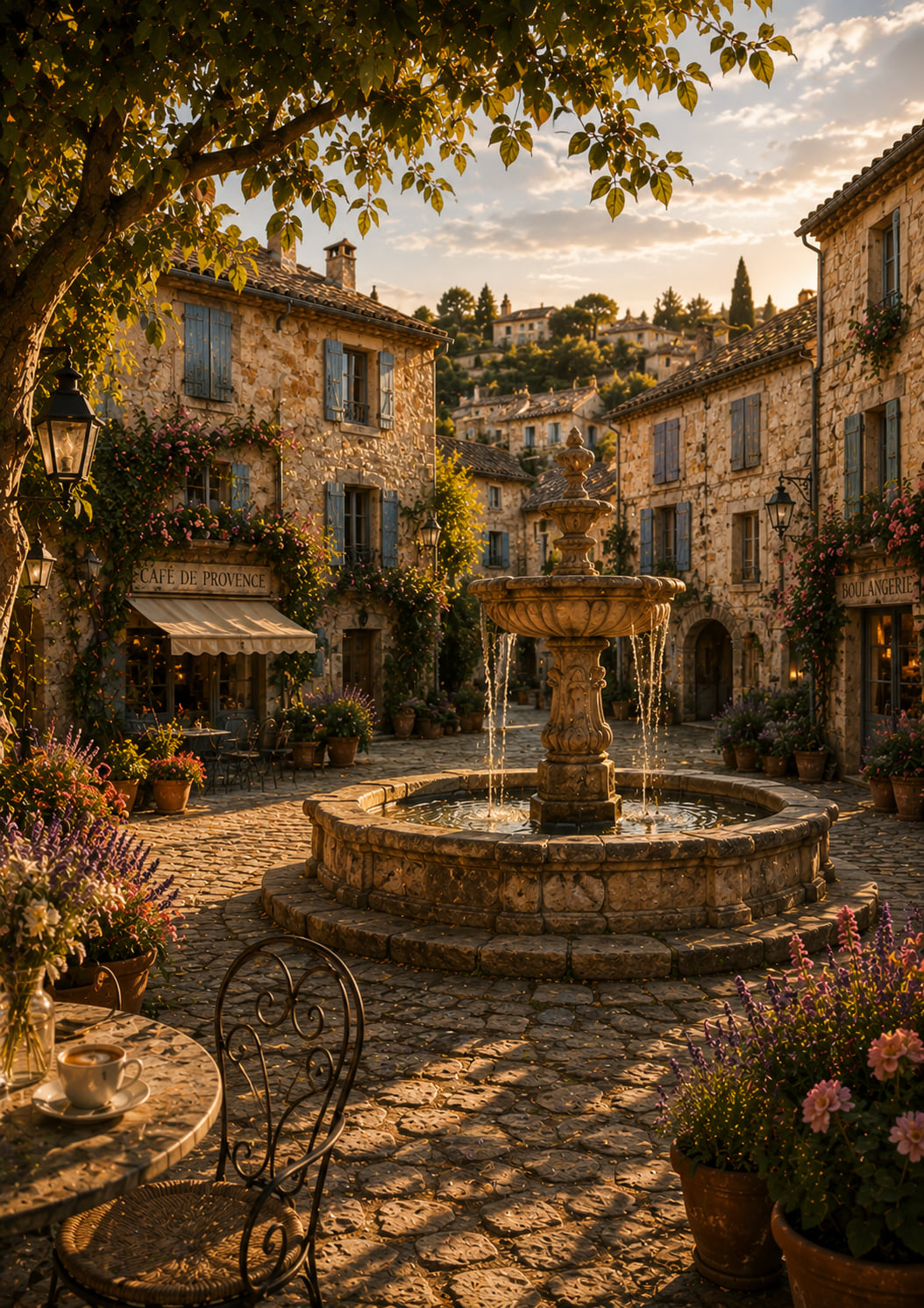 Place du Village Print | Provence Village Square Wall Art | French Fountain Landscape | A5, A4, A3, A2 & A1