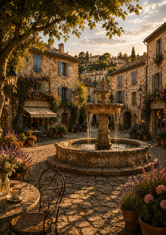 Place du Village Wooden Framed Print | Provence Village Square Wall Art | French Fountain Landscape | A5, A4, A3, A2 & A1