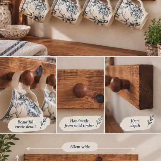 Handmade Rustic Wooden Mug Rack – 4 or 6 Peg Wall Mounted Cup & Towel Holder
