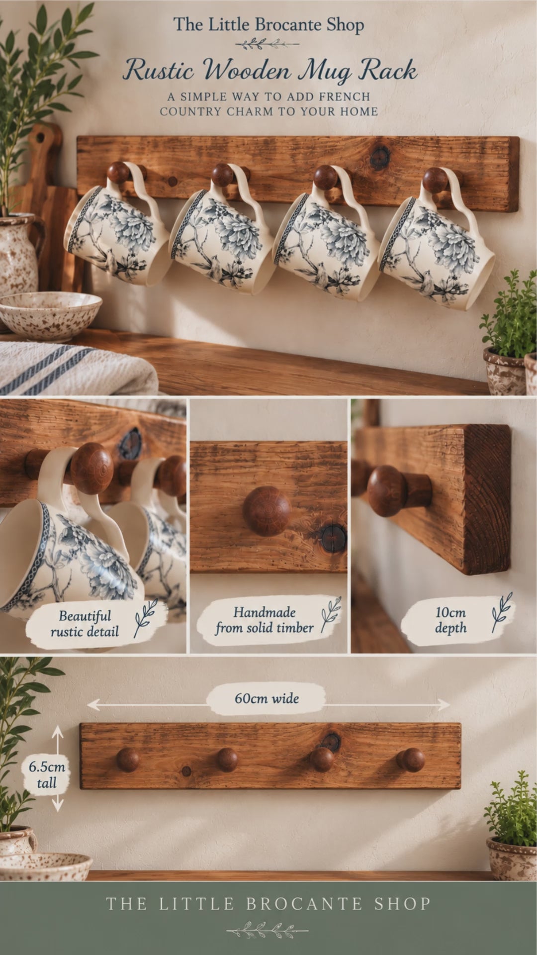 Handmade Rustic Wooden Mug Rack – 4 or 6 Peg Wall Mounted Cup & Towel Holder