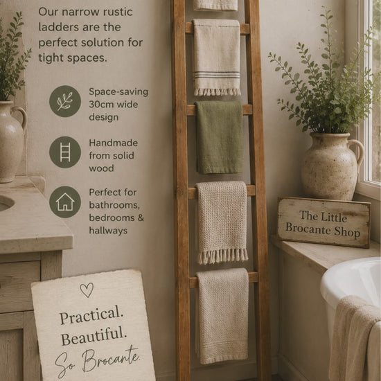 Narrow Rustic Wooden Towel Ladder 1.2 m tall | Farmhouse Blanket Ladder | Bathroom & Bedroom Storage