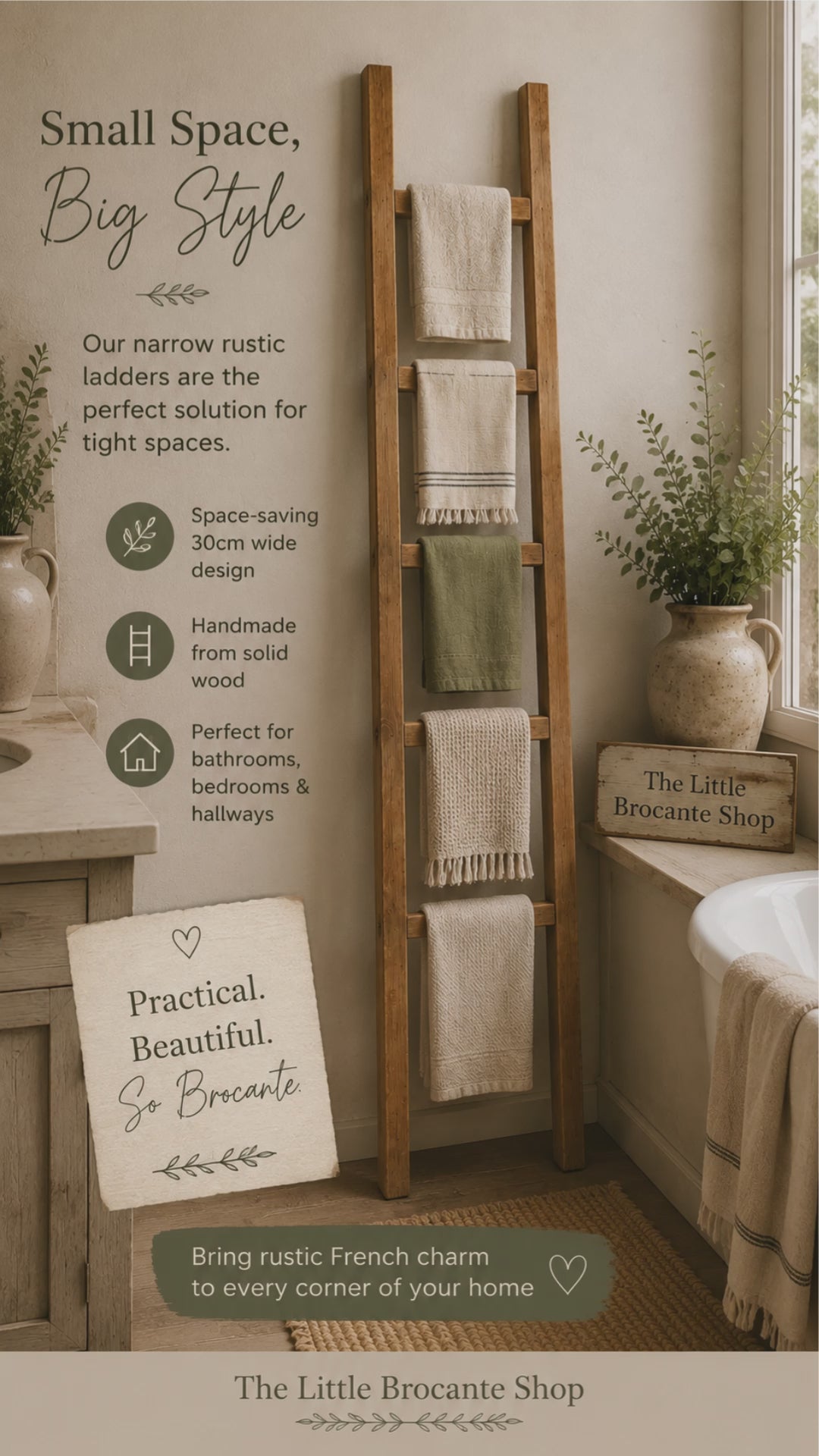 Narrow Rustic Wooden Towel Ladder 1.2 m tall | Farmhouse Blanket Ladder | Bathroom & Bedroom Storage