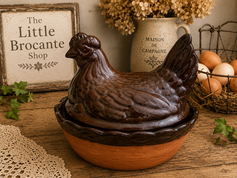 Brown Glazed Hen-on-Nest Covered Bowl – Terracotta Egg Holder (One of a Kind) photograph 1